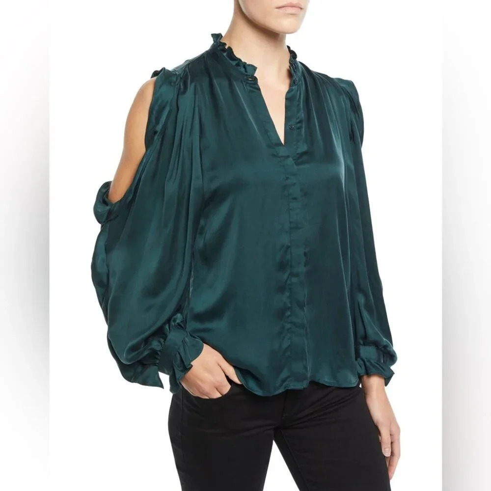 7 For All Mankind Green Satiny Cold Shoulder Ruffle Button Front Blouse Size XS